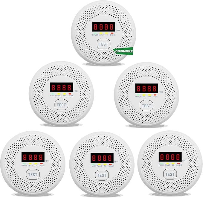 Carbon Monoxide and Smoke detecto LCD Display, Battery Powered, Dual sensors, 85dB Voice Alarm and Real-time Tracking, Suitable for Home/Kitchen/Bedroom/RV (Small Screen, 6Pack-CO&Smoke)