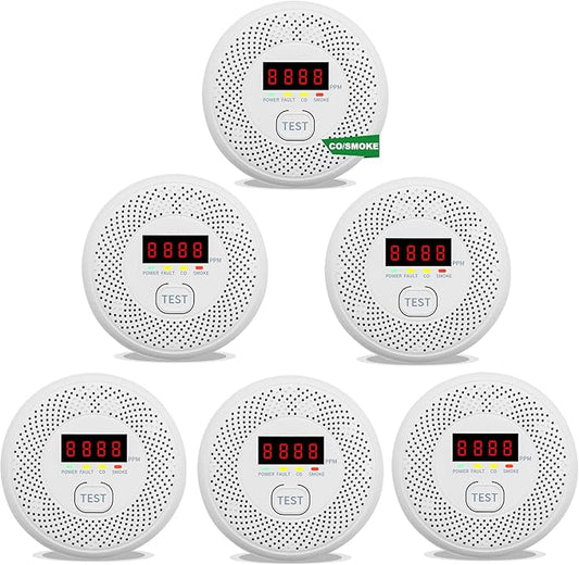 Carbon Monoxide and Smoke detecto LCD Display, Battery Powered, Dual sensors, 85dB Voice Alarm and Real-time Tracking, Suitable for Home/Kitchen/Bedroom/RV (Small Screen, 6Pack-CO&Smoke)