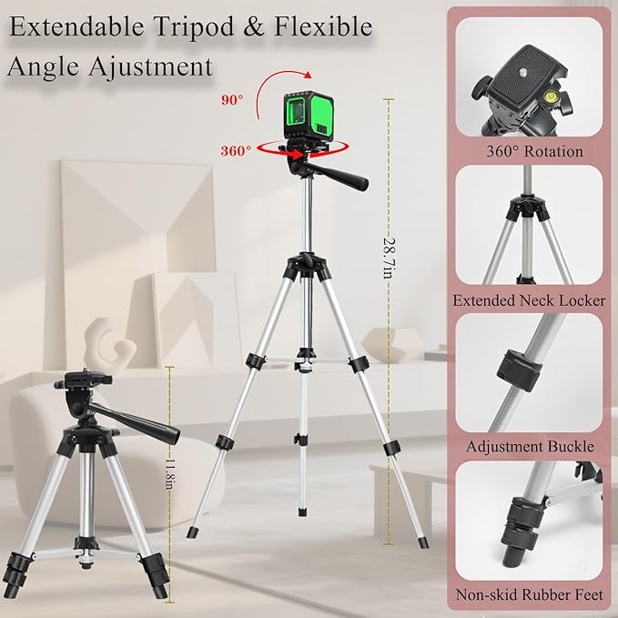 Laser level with tripod home improvement picture hanging tool,Green Cross Line Self-Leveling Floor Tile Wall Home Renovation, Battery Included,150 Ft,laserpower<1mW, Class 2 Laser output