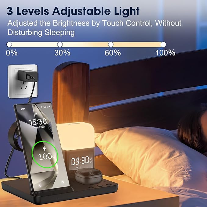 Wireless Charger for Samsung/Android, 6 in 1 Phone Nightstand Charging Station Charger with Alarm Clock/Night Light for Samsung S25/S24/S23 Ultra/Buds3 Pro,Watch Charger for Galaxy Watch 8/7/6/5-Black
