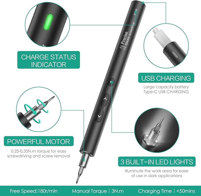 ORIA Electric Screwdriver Set, 28 in 1 Cordless Electric Screwdriver with 24 Bits, Type-C Charging, LED Lights for Smartphones, Computer, Black