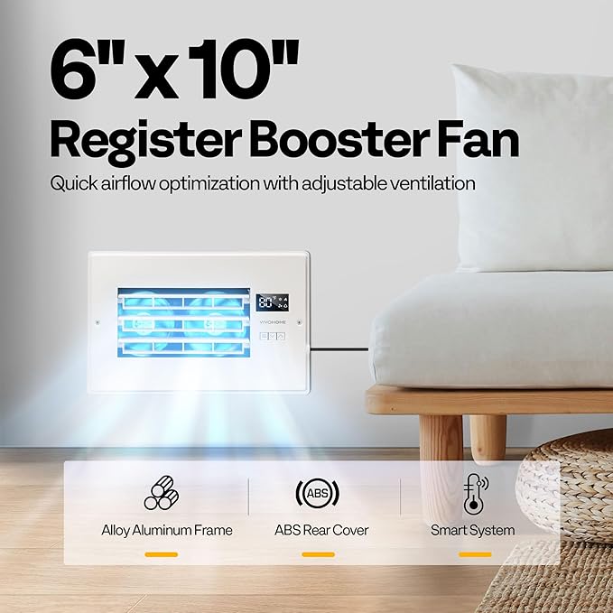 VIVOHOME 6'' x 10'' Opening Register Booster Fan with Adjustable Wind Direction Louver, Smart Intelligent Thermostat & 10-Speed Remote Control - 11.6" x 7.5" Vent Cover for Room, Floor, Wall - White