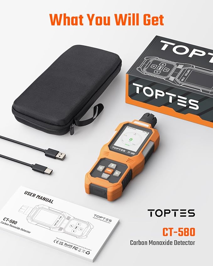 CT-580 Portable Carbon Monoxide Detector, Rechargeable CO Detector with Vibration, Visual & Audible Alarms, 0-1000PPM, TFT Color Display for Home, Camping, Travel, Industrial & Professional Use