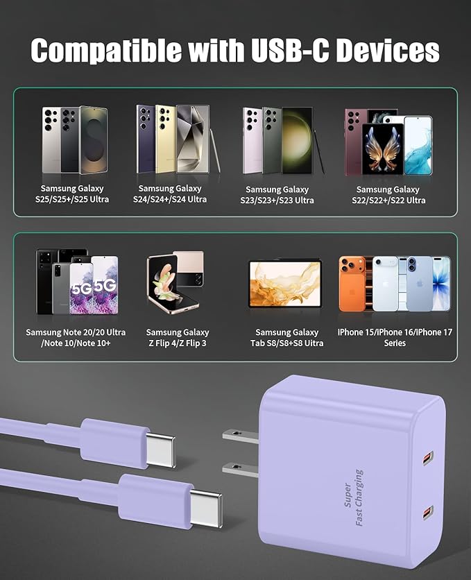 2 Pack 45W Super Fast Charger Type C for Samsung, USB C Android Phone Charger Fast Charging Block with 6FT/10FT Type C Charger Cord for Samsung Galaxy S25/S24/S23/S22+ Ultra/iPhone 17/16/15-Purple