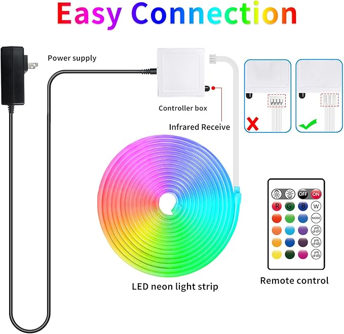 16.4FT DC24V RGB LED neon Rope Lights with Remote/APP Control Waterproof Flexible Neon LED Strip Lights LED neon Rope Lights for Bedroom Room Outdoors Decor