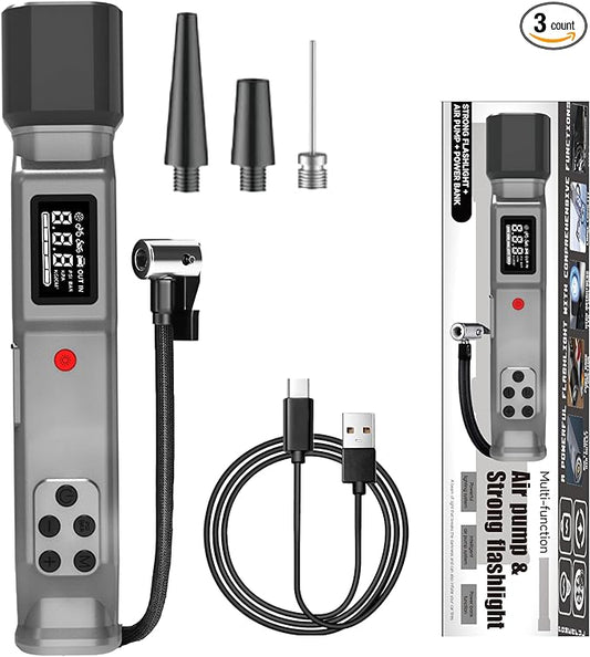 Portable Air Pump & Tire Inflator 3-in-1 Emergency Tool Kit – High-Power LED Flashlight, 150 PSI Cordless Compressor, 12 V DC & Rechargeable Battery, Digital Pressure Gauge for Car, Bike, Motorcycle,