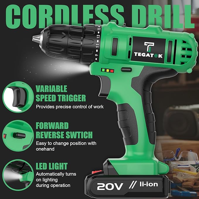 20V Cordless Drill Set, 3/8 Drills Handheld Drill Kit with 18+1 Torque Setting, LED Electric Power Drills Set with Battery and Charger, Electric Screwdriver Tools Kit, 2 Batteries