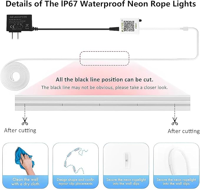 Neon Rope Lights, 40FT(2 Rolls of 20ft ) RGB Led Strip, Waterproof IP67, DIY Design, Music Sync, 44 Keys Remote Control, Multiple Modes, for Living Room, Bedroom, Holiday Decoration