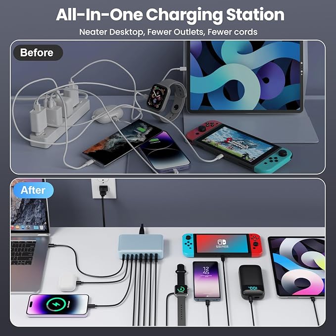 200W USB C Charger Block, GaN III 8-Port USB C Fast Charging Station PPS PD 65W Laptop Charger Adapter Compatible with MacBook Pro/Air,DELL,HP Surface,iPhone 16/15/Pro/14/13,Galaxy,Steam Deck-Blue