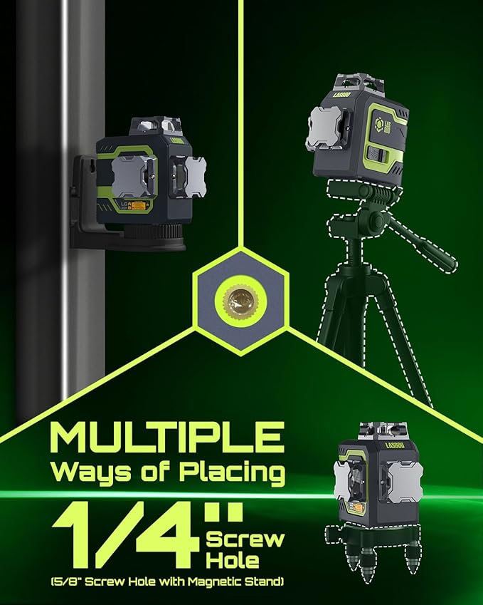 LG-3DM Green Beam Laser Level, Self-Leveling 3x360° Cross Line Laser for Construction and Picture Hanging, 5200mAh Built-in Rechargeable Battery, Type-C Cable, Magnetic Rotating Stand Included