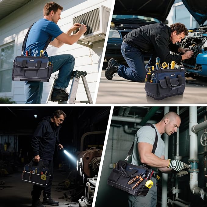 TICONN Heavy Duty Tool Bag with Multi-Pockets, Portable Tool Box Organizer Storage Bag, with Adjustable Shoulder Strap and Ergonomic Handle (Blue, 16" Molded Base)