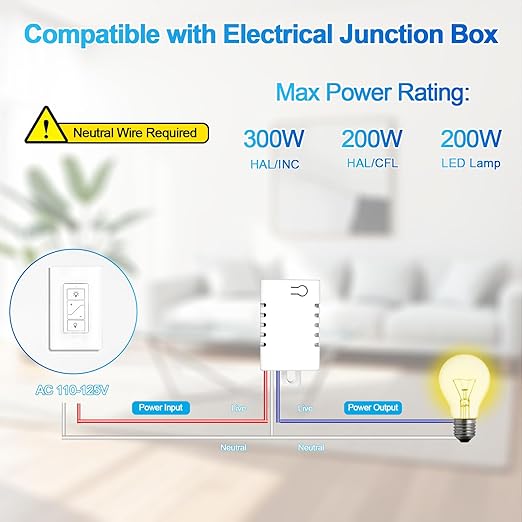 Wireless Light Switch, Remote Light Switch Compatible with Alexa, Smart Wireless Dimmer Switch and Receiver, Wall Lighting Fixture for Ceiling Lights, Fans, Lamps