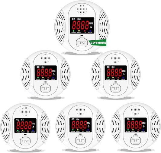 Carbon Monoxide and Smoke Detector, Equipped with LCD Display, Battery Powered, Dual Sensor Alarm, 85dB Voice Alarm and Real-time CO Tracking, Suitable for Home/Kitchen/Bedroom/RV (6Pack)