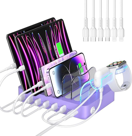 SooPii Premium 6-Port USB Charging Station Organizer for Multiple Devices, 6 Short Charging Cables and One Upgraded i-Watch Charger Holder Included, for Phones,Tablets and Other Electronics, Purple