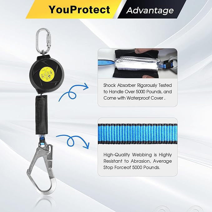 11FT Self Retracting Lifeline Fall Protection Retractable Lanyard, Fall Arrest Safety Yoyo for Construction Industrial - OSHA/ANSI Compliant (Large Hook)