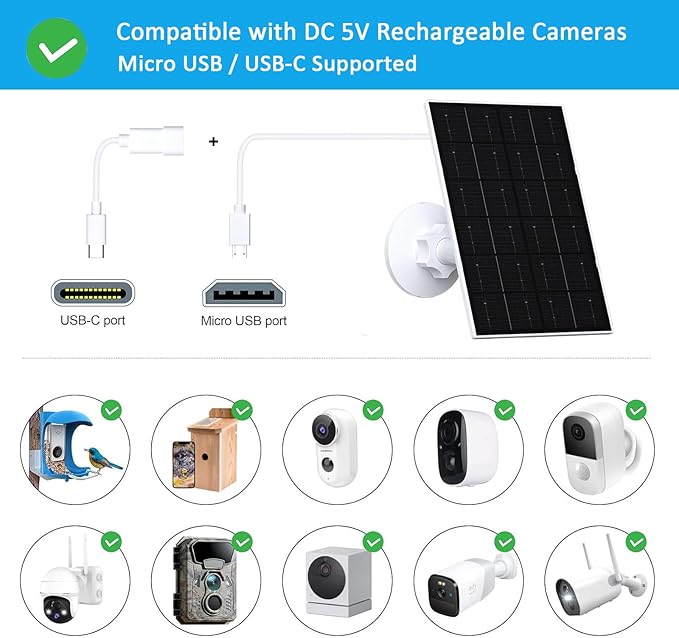 4W Solar Panel for Security Camera, USB-C/Micro USB Solar Charger for Rechargeable Battery Cameras, IP66 Waterproof, 360° Adjustable Mount, 9.8FT/3M Cable, 2 Pack