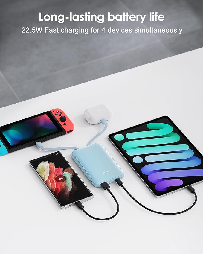 Portable Charger 10000mAh, Cell Phone Portable Power Banks with 22.5W PD Fast Charging, Compact Phone Charger Built in Cable, Compatible with Apple, Samsung, Google, Motorola and More