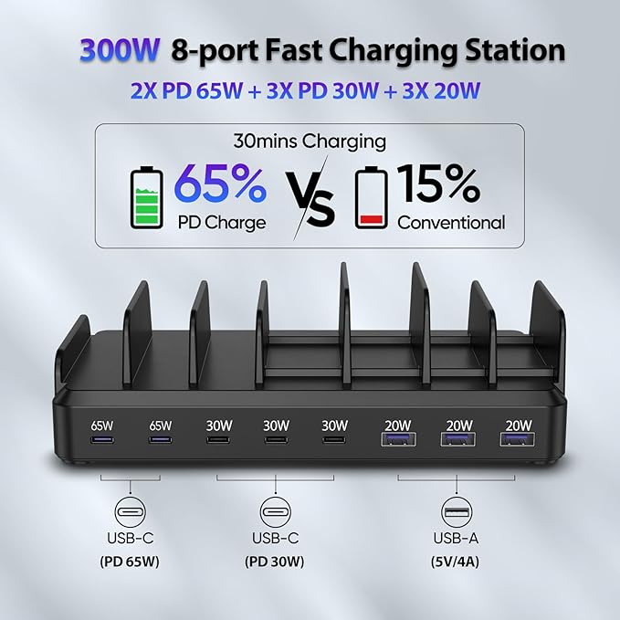 300W Charging Station for Multiple Devices, 8 Port Multi USB C Fast Charger Station Dock for MacBook iPhone 16/15/14/13/12 Samsung Pixel Series iPad, Black (6 Mixed Short Cables Included)
