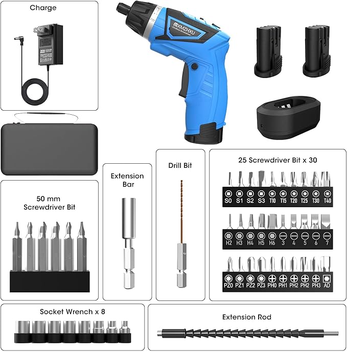 Cordless Screwdriver,8V Electric Screwdriver with 2X 2000mAh Battery,6+1Torque, 10N·m Max Rechargable Power Screwdriver 47pcs Bits, LED Light,Flexible Shaft