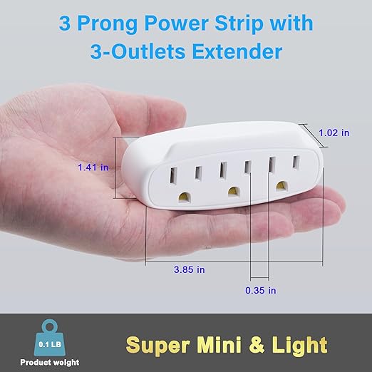 3 Prong Power Strip 3-Outlet Extender Wall Charger, Space Saving 3 in 1 Multi Plug Outlet Adapter Splitter,Travel Essentials,ETL Listed 125V 15A 1875W for Home,Office-Firm Mini Light Wall Tap with Lip