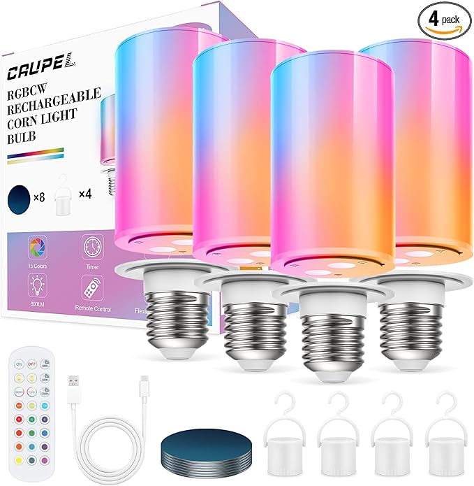 10000mAh Rechargeable Led Corn Light Bulb,Battery Operated Light Bulb with Remote Control, E26, 60W Equivalent, 800Lum, 3 Color Temperatures, 12 RGB, Emergency Lamp, 4PC