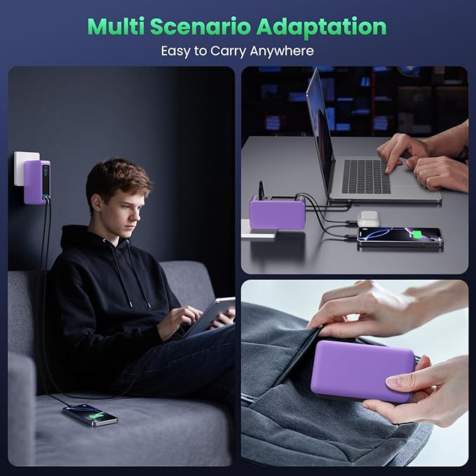 120W USB C Charger Block with 2 Built-in Retractable Cables,4-in-1 GaN IV Foldable Plug Wall Charger Fast Charging Station,PD 65W Laptop Adapter for Macbook/iPad,iPhone 16/15,Galaxy S24,Android-Purple