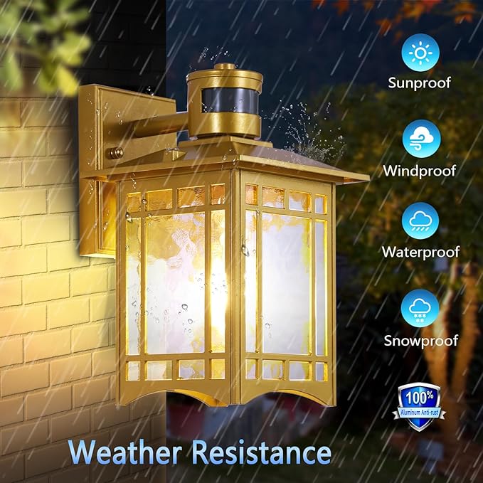 2 Pack Motion Sensor Outdoor Lights, Dusk to Dawn Lighting, LED Exterior Light Fixture, Anti-Rust Lantern for Front Porch, Waterproof Golden Outdoor Wall Sconce for House, Garage, Patio