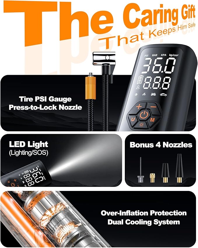 Tire Inflator Portable Air Compressor with Gauge, 150 PSI Mini Cordless Battery Powered Auto Air Pump for Car Tires - Electric Bike Tire Pump for Car/Motorcycle/Bicycle/Ball