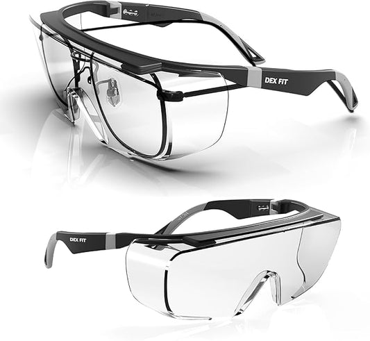 DEX FIT Safety Work Over Glasses SG210 OTG; Z87 Eye Protection for Men & Women, Fog & Scratch Resistant, Adjustable, UV Block (Black & Grey Frame, Clear Lens)