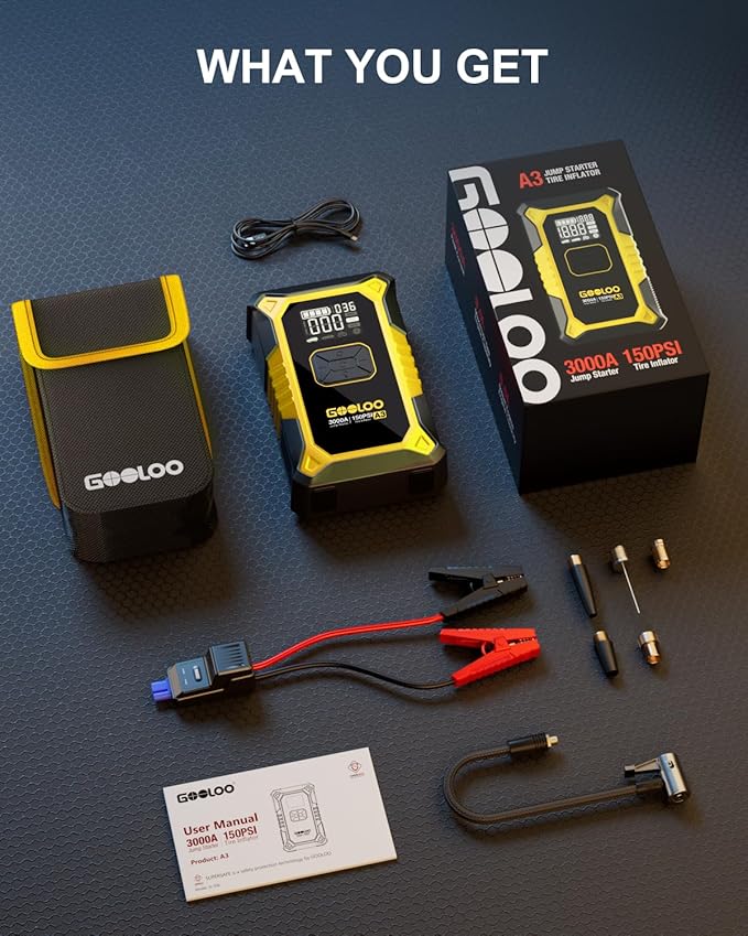 GOOLOO A3 Jump Starter with Air Compressor, 3000A Portable Car Battery Jumper Starter (9.0 Gas/6.5L Diesel) with 150PSI Auto-Shutoff Tire Inflator, 12V Supersafe Lithium Jump Box Car Booster, Yellow