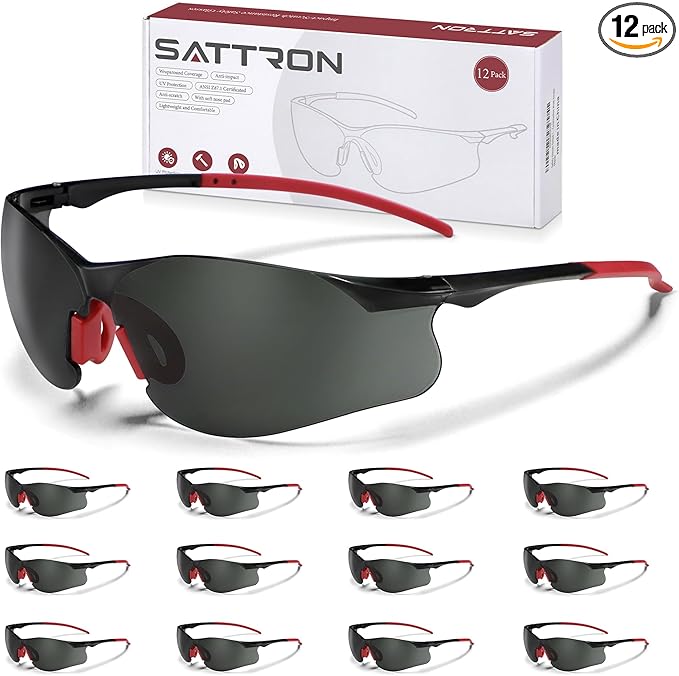 Safety Glasses Tinted 12 Pack, Protective Eyewear for Men Women UV Protection ANSI Z87.1, Safety Sunglasses Bulk Scratch Impact Resistant Eye Protection with Nose Pads for Construction Work Smoke