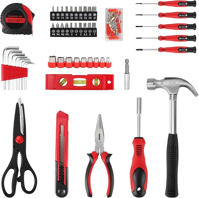 51-Piece Red Tool Set, Home Tool Kit with Toolbox Storage Case Home Repair Tool Kit with Drawer for Women