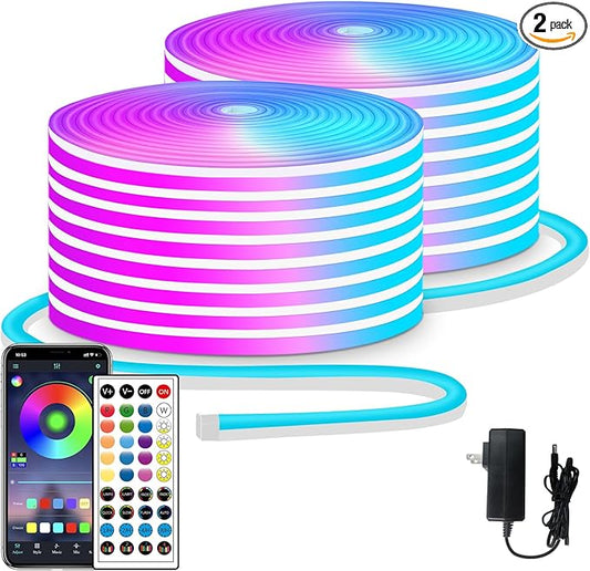 100ft LED neon Lights with Remote APP Control IP65 Waterproof Flexible Neon LED Strip Lights 24v RGB LED neon Rope Lights for Bedroom Room Outdoors Decor(2 Rolls of 50ft