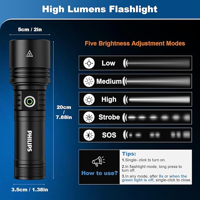 PHILIPS Flashlights High Lumens Rechargeable,2000lm Tactical Flashlights with Camping Lamp&Ignition Lens,2 Colors,Zoomable,5Modes,Reverse Charging,LED Bright Flashlight for Home,Outdoor,Gift