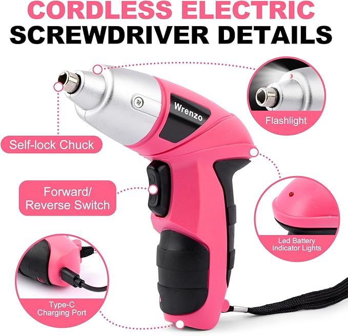 116 Pieces Pink Cordless Electric Screwdriver 3.6V Set Cordless & Rechargeable with Driver Bit Set for women 1500mAh Battery, LED Light for Furniture/Electrical Repairs