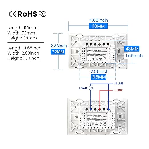 Smart Dimmer Switch Need Neutral Wire No Hub Required,2.4GHz Wi-Fi Light Switch APP Control Work with Tuya and Smart Life,FCC Certified,Smart Home 110/220VAC,White Dimmer