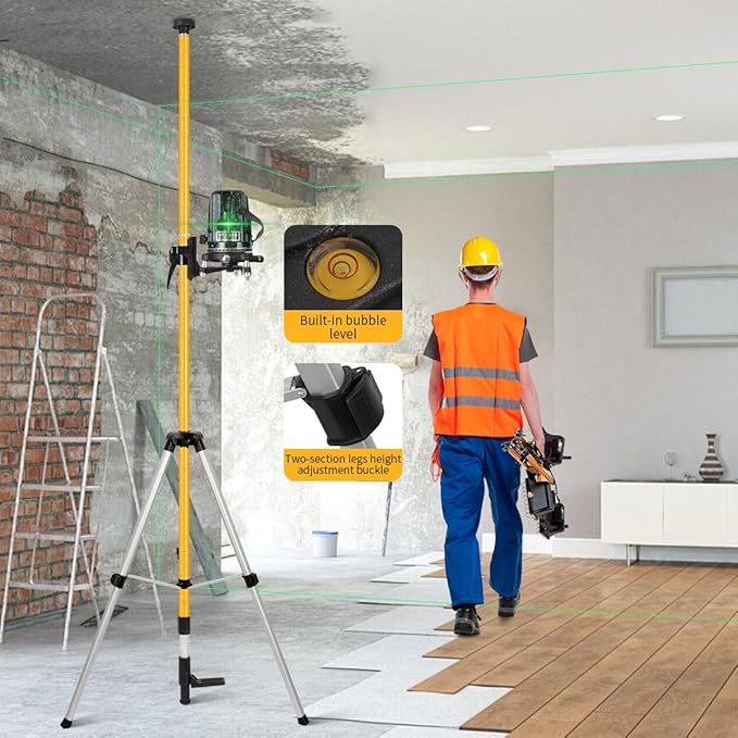 12 Ft/3.7 M Adjustable Telescoping Laser Pole, Laser Level Pole with Tripod and Bracket, 1/4"-20 & 5/8"-11 Mounts, Tripod with Bubble Level & Carry Case for Rotary/Line Lasers
