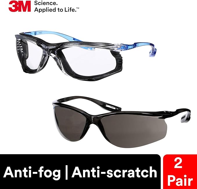 3M Safety Glasses, Virtua CCS and Virtua Sport CCS 2-Pack, Anti-Fog, Anti-Scratch, ANSI Z87, Corded Ear Plug Control System, Removable Foam Gasket, 1 Pair of Clear Lens and 1 Pair of Gray Lens