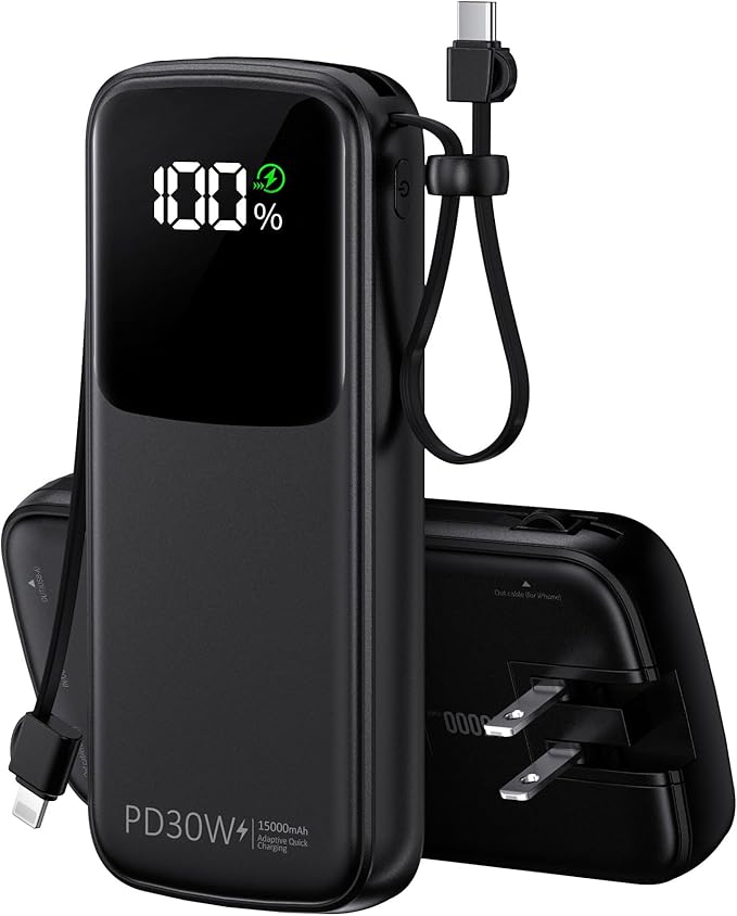UYAYOHU Portable Charger, Power Bank, 15000mAh Battery Pack Fast Charging Lightweight, Built-in AC Wall Plug and 2 Output Cables with LED Display for iPhone15 14 13 12 11 Samsung iPad etc(Deep Black)