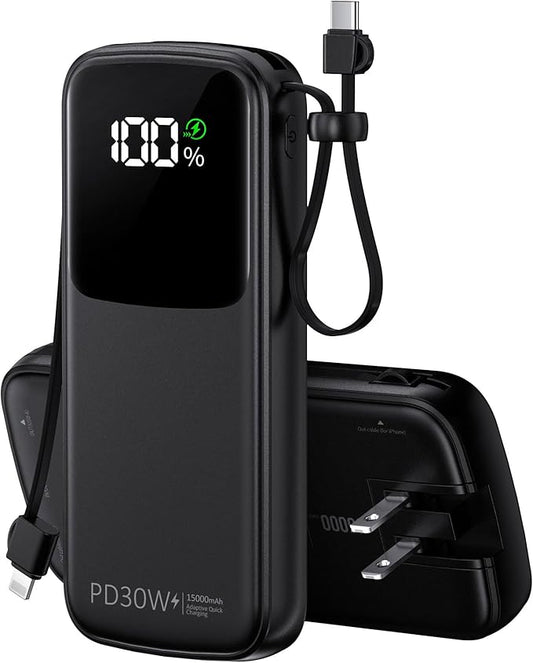 UYAYOHU Portable Charger, Power Bank, 15000mAh Battery Pack Fast Charging Lightweight, Built-in AC Wall Plug and 2 Output Cables with LED Display for iPhone15 14 13 12 11 Samsung iPad etc(Deep Black)