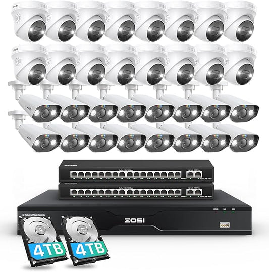 ZOSI 32CH 4K PoE Security Camera System, Face Person Vehicle Detection, 2 Way Audio, Spotlight Siren, 32pcs 8MP Outdoor Indoor IP Cameras, 32 Channel 4K NVR with 8TB HDD for 24/7 Recording