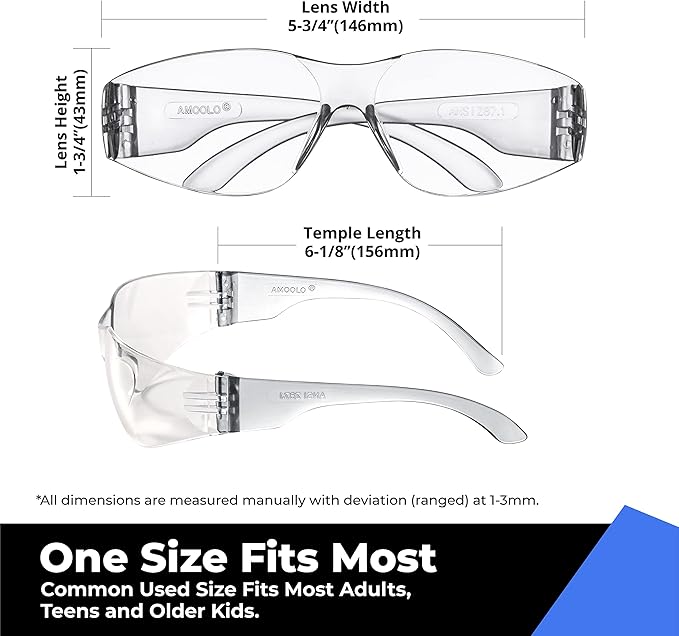amoolo Safety Glasses for Men Women, Clear Eye Protection for Worl, Lab, Construction (Clear/Adult's Size, 144 Pack)