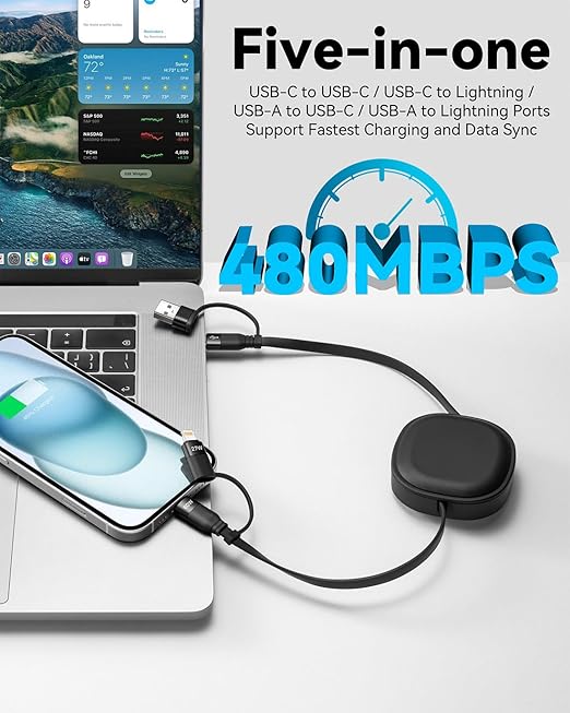 Multi Charging Cable, 2Pack 5 in 1 Retractable Lightning Charger Cable 60W USB C to USB C Fast Charging,Multiple USBC Cord Multi Car Charger for iPhone 17/16/15/14 Pro Max,iPad,Samsung S25 S24,Tablets