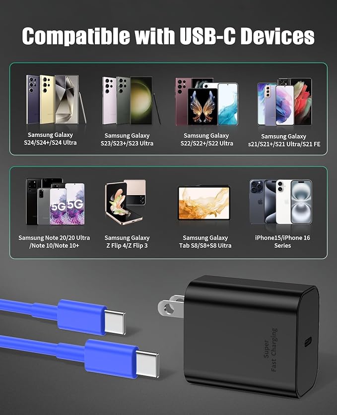 45W Super Fast Charger Type C for Samsung S24, USB C Android Phone Charger Fast Charging Block with 6FT/10FT Type C Charger Cord for Samsung Galaxy S24+ Ultra/S23+ Ultra/S22+ Ultra/iPhone 17/16-Blue