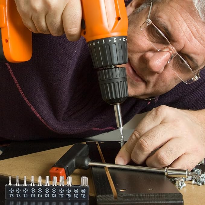 22 Piece Security Torx Bit Set (T6-T45), 1/4 Inch Hex Shank S2 Steel Magnetic Tamper Proof star screwdriver bit set, 1" and 2" Long