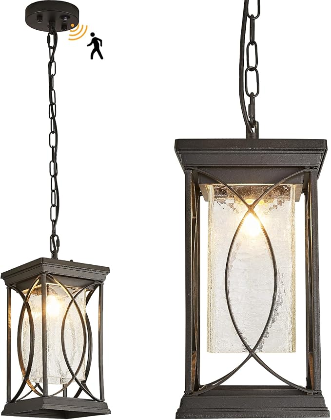 Motion Outdoor Pendant Light Fixtures Dusk to Dawn Exterior Ceiling Hanging Lantern for Porch, Modern Black Outside Chandelier Light with Crack Glass for Front Door Porch Gazebo Foyer Entryway