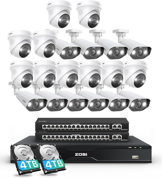 ZOSI 32CH 4K PoE Security Camera System, Face Person Vehicle Detection, 2 Way Audio, Spotlight Siren, 20pcs 8MP Outdoor Indoor IP Cameras, 32 Channel 4K NVR with 8TB HDD for 24/7 Recording