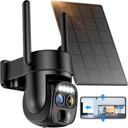 Hawkray Pannel Solar Wireless Outdoor Security Camera, Dual-Lens, 10xZoom, 2K Resolution 3MP 360°Pan/Tilt,2.4&5G WiFi Battery Powered Camera with Spotlight Alarm PIR Motion Detection