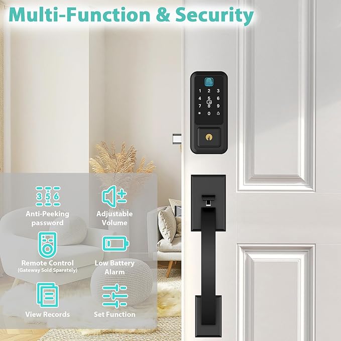 WiFi Front Door Lock with Handle Set, App Control, Smart Locks for Front Door Touchscreen keypad, Keyless Entry Door Lock Fingerprint Deadbolt, Auto Lock (Black)