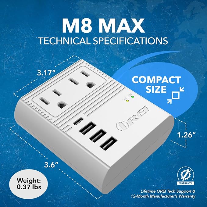 OREI World Travel Plug Adapter M8 Max, 3 USB + Pd 18W USB-C Input - 2 USA Outlets - Attachments for Europe, Asia, China, Japan, Africa - Perfect for Cell Phones, Tablets, Cameras and More